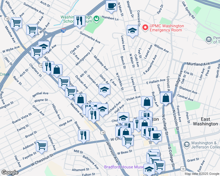 map of restaurants, bars, coffee shops, grocery stores, and more near 365 Shirls Avenue in Washington