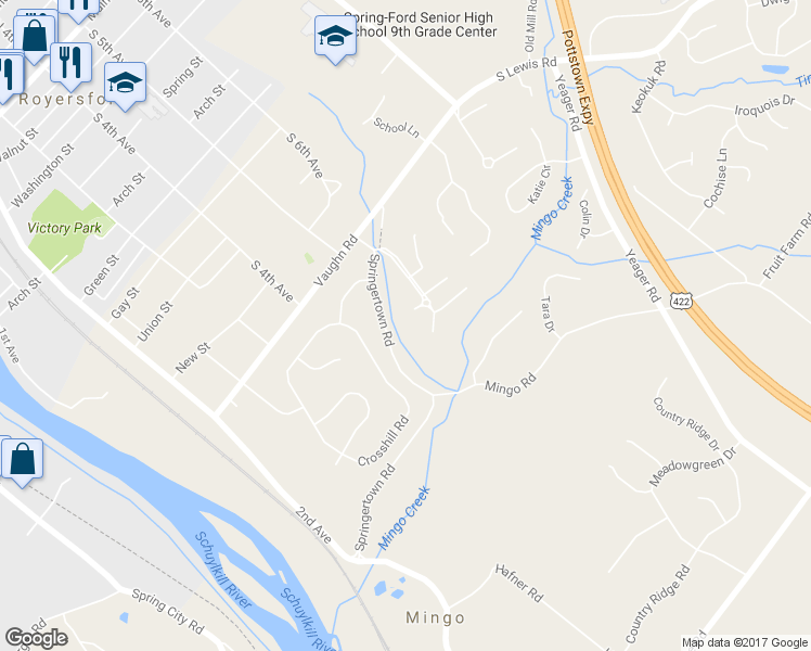 map of restaurants, bars, coffee shops, grocery stores, and more near 82 Roboda Boulevard in Royersford