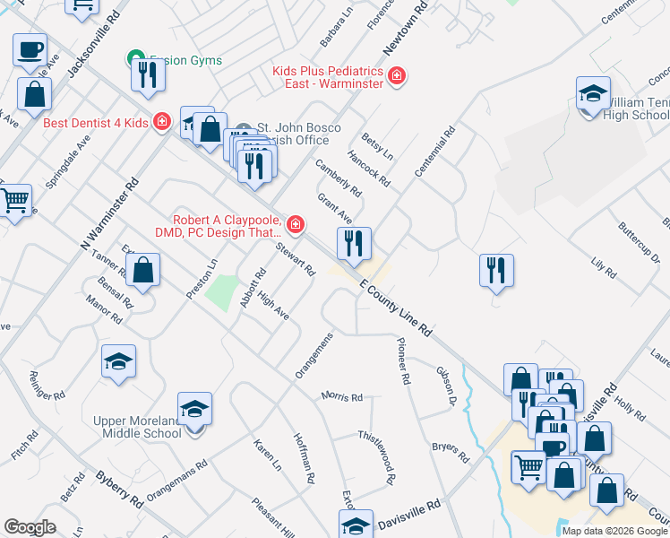 map of restaurants, bars, coffee shops, grocery stores, and more near 2710 East County Line Road in Hatboro