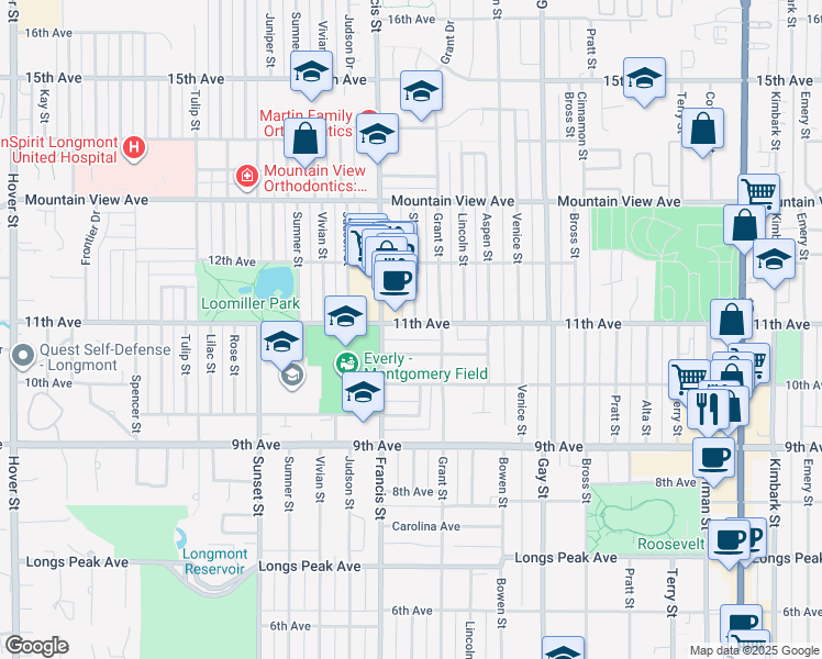 map of restaurants, bars, coffee shops, grocery stores, and more near 1427 11th Avenue in Longmont