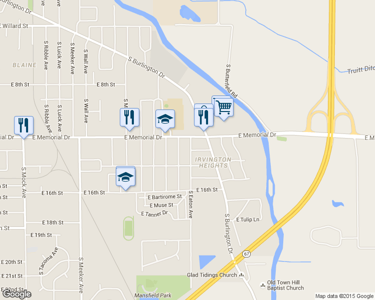 map of restaurants, bars, coffee shops, grocery stores, and more near 1913 South Eaton Avenue in Muncie