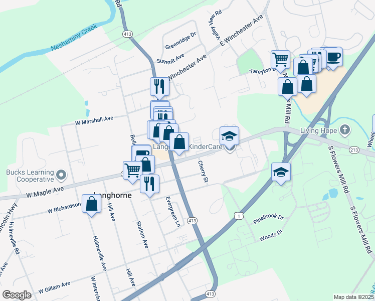 map of restaurants, bars, coffee shops, grocery stores, and more near 113 National Avenue in Langhorne