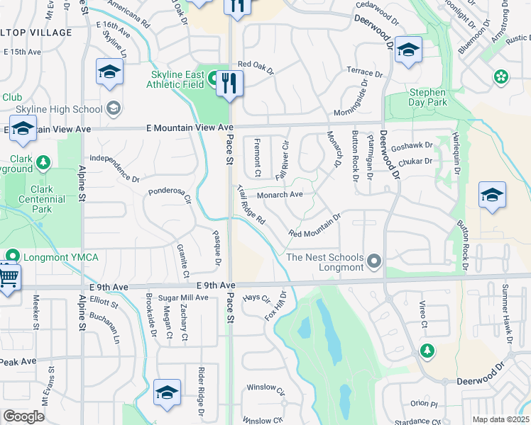 map of restaurants, bars, coffee shops, grocery stores, and more near 1257 Red Mountain Drive in Longmont
