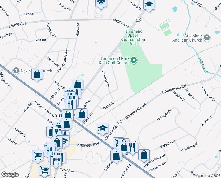 map of restaurants, bars, coffee shops, grocery stores, and more near 785 Redwood Drive in Southampton