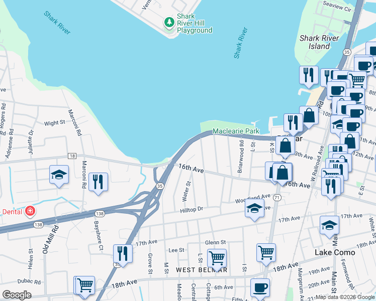 map of restaurants, bars, coffee shops, grocery stores, and more near 1715 River Road in Belmar