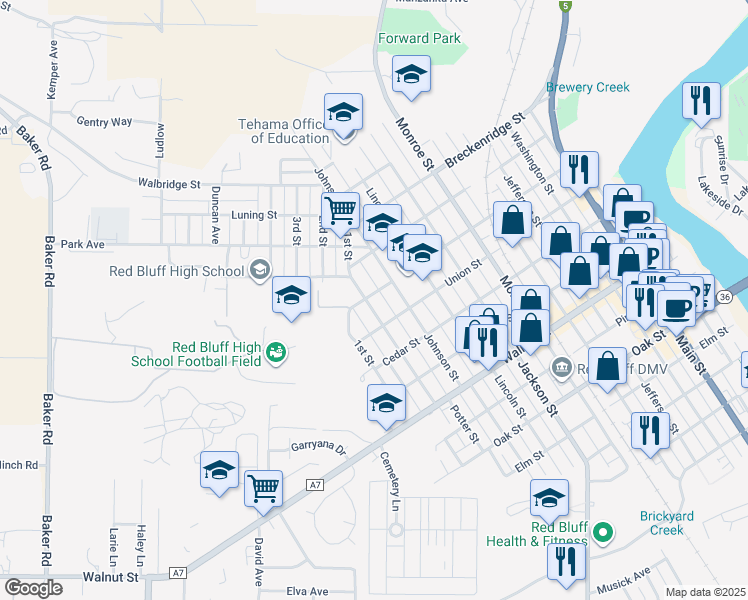 map of restaurants, bars, coffee shops, grocery stores, and more near 1156 Franklin Street in Red Bluff