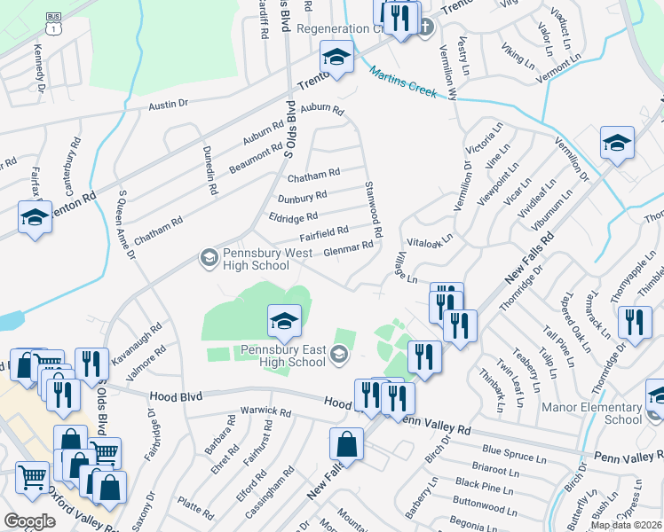 map of restaurants, bars, coffee shops, grocery stores, and more near 812 Glenmar Circle in Fairless Hills