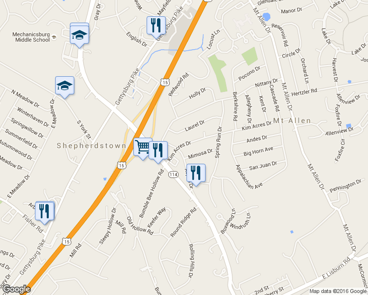 map of restaurants, bars, coffee shops, grocery stores, and more near 117 Kim Acres Drive in Mechanicsburg