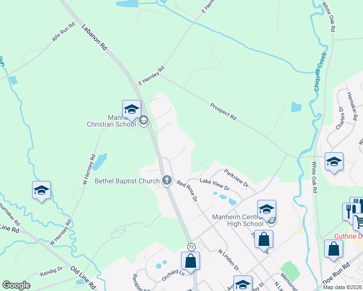 map of restaurants, bars, coffee shops, grocery stores, and more near 80 Daffodil Drive in Manheim