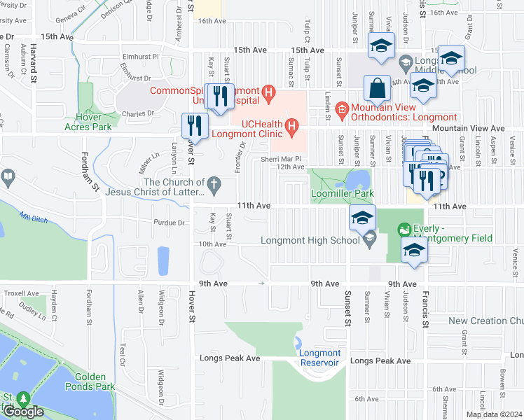 map of restaurants, bars, coffee shops, grocery stores, and more near 2009 11th Avenue in Longmont