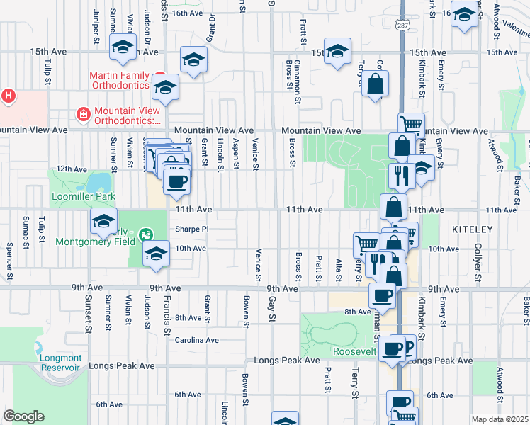 map of restaurants, bars, coffee shops, grocery stores, and more near 1046 Venice Street in Longmont