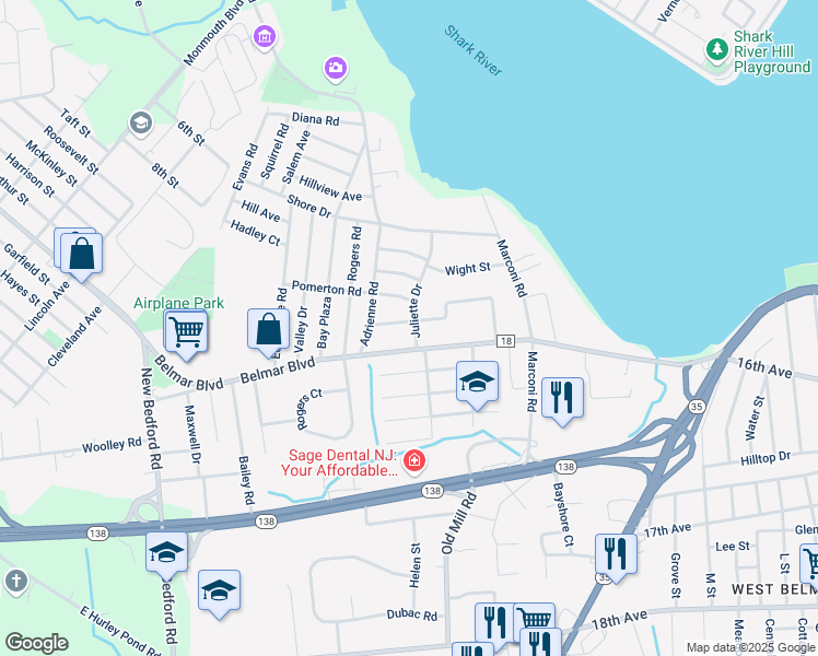 map of restaurants, bars, coffee shops, grocery stores, and more near 1525 Juliette Drive in Monmouth County