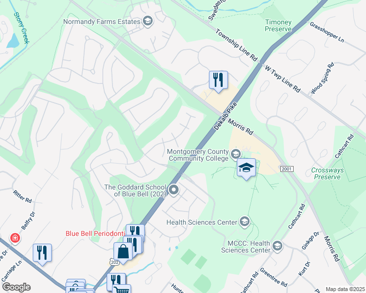 map of restaurants, bars, coffee shops, grocery stores, and more near 205 Olympic Club Court in Blue Bell