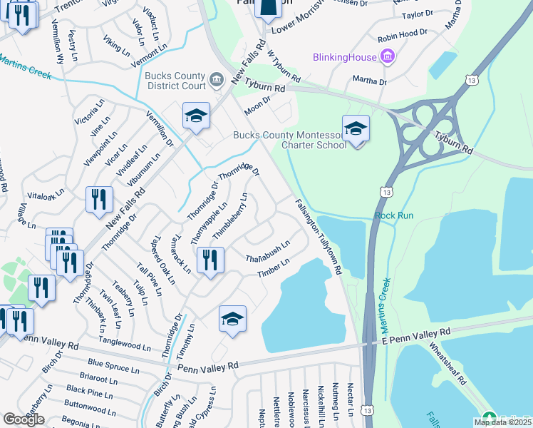 map of restaurants, bars, coffee shops, grocery stores, and more near 151 Thornridge Drive in Levittown