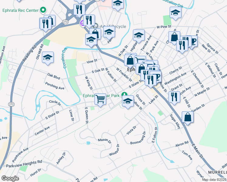 map of restaurants, bars, coffee shops, grocery stores, and more near 233 Hunter Alley in Ephrata