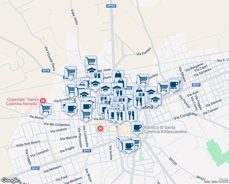 map of restaurants, bars, coffee shops, grocery stores, and more near 10 Via San Rocco in Galatina