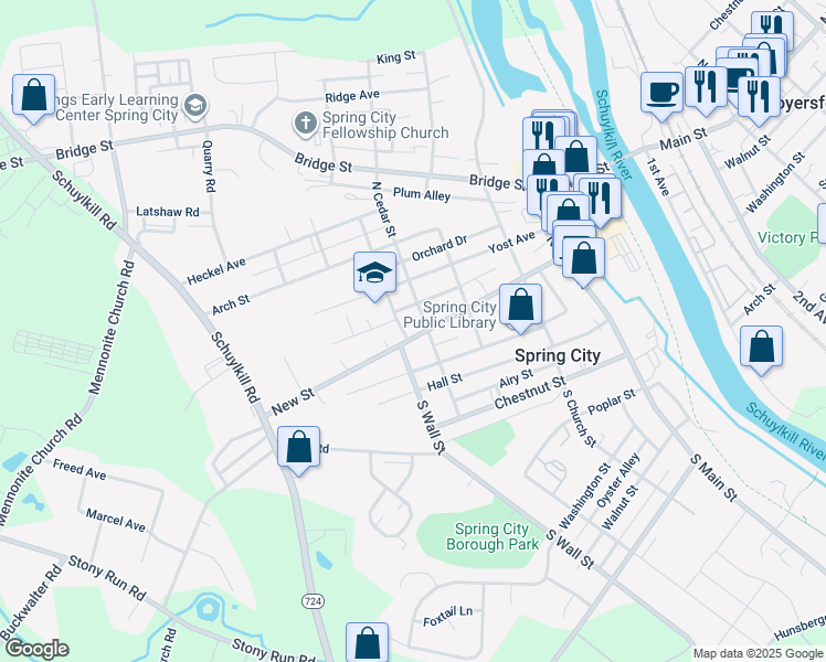 map of restaurants, bars, coffee shops, grocery stores, and more near 413 New Street in Spring City