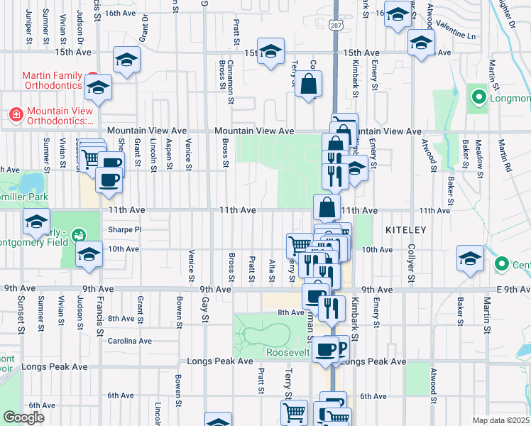 map of restaurants, bars, coffee shops, grocery stores, and more near 1049 11th Avenue in Longmont