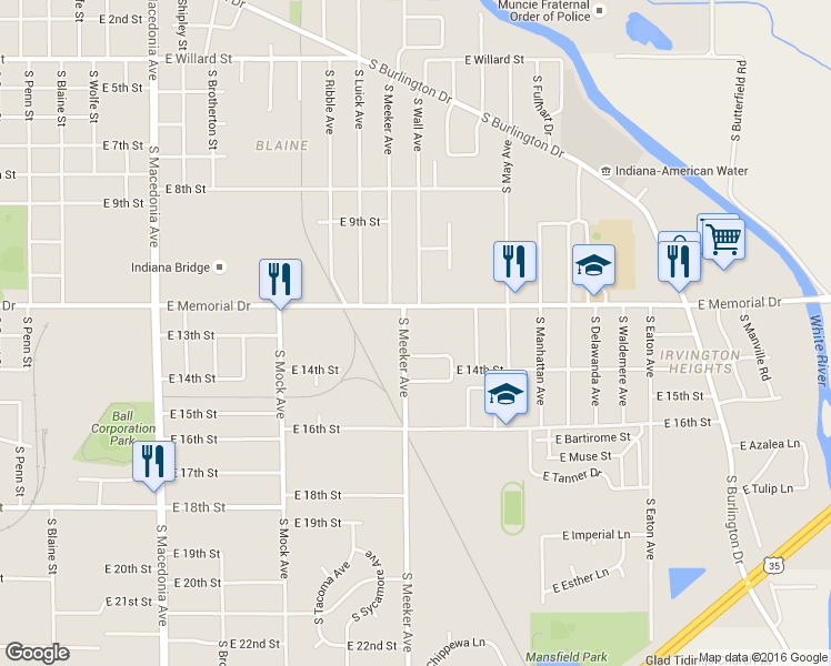 map of restaurants, bars, coffee shops, grocery stores, and more near 1914 South Meeker Avenue in Muncie