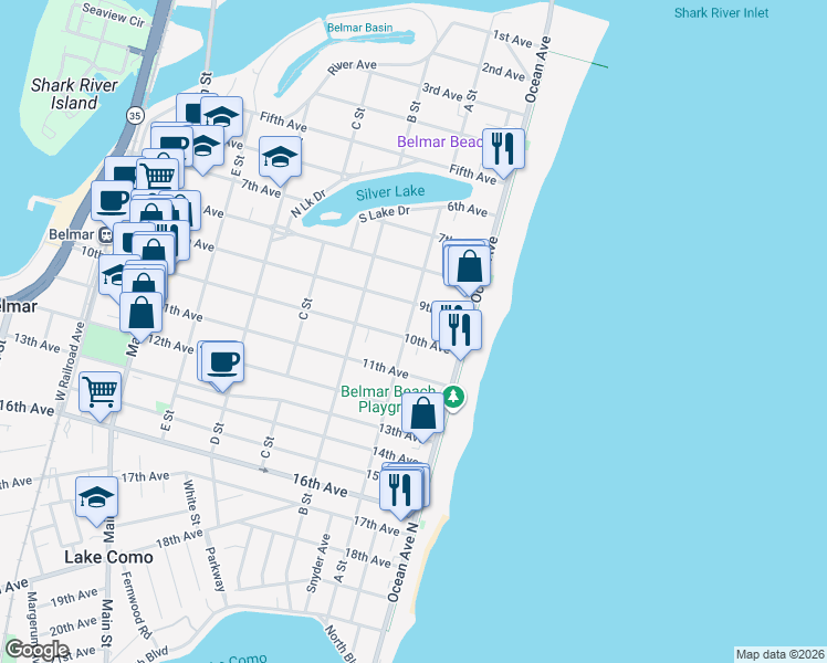 map of restaurants, bars, coffee shops, grocery stores, and more near 200 10th Avenue in Belmar