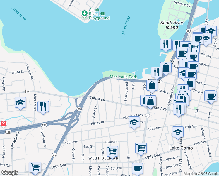 map of restaurants, bars, coffee shops, grocery stores, and more near 1219 Oakwood Road in Belmar
