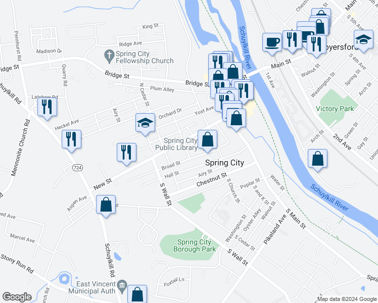 map of restaurants, bars, coffee shops, grocery stores, and more near 35 North Penn Street in Spring City