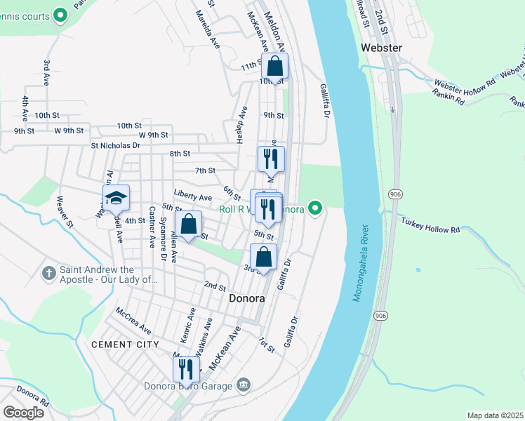 map of restaurants, bars, coffee shops, grocery stores, and more near 572 Thompson Avenue in Donora
