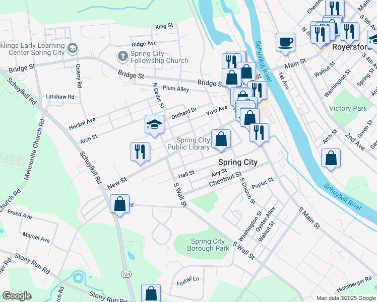 map of restaurants, bars, coffee shops, grocery stores, and more near 87 North Main Street in Spring City