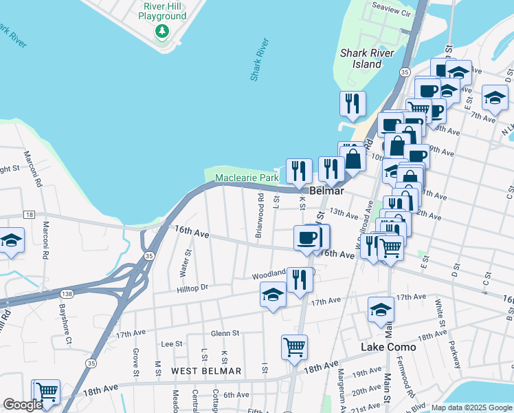 map of restaurants, bars, coffee shops, grocery stores, and more near 1216 Briarwood Road in Belmar