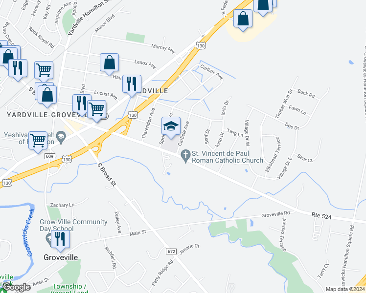 map of restaurants, bars, coffee shops, grocery stores, and more near 27 Carlisle Avenue in Hamilton Township