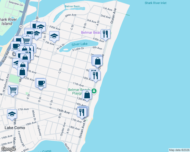 map of restaurants, bars, coffee shops, grocery stores, and more near 906 Ocean Avenue North in Belmar
