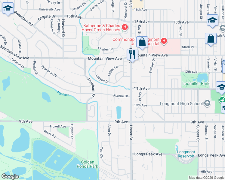 map of restaurants, bars, coffee shops, grocery stores, and more near 61 Birch Court in Longmont
