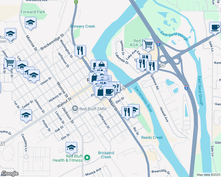 map of restaurants, bars, coffee shops, grocery stores, and more near 635 Rio Street in Red Bluff