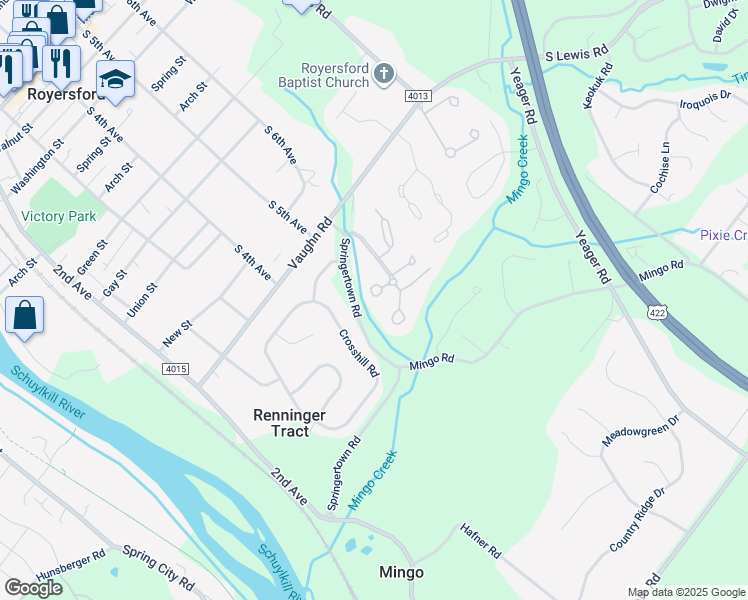 map of restaurants, bars, coffee shops, grocery stores, and more near 82 Roboda Boulevard in Royersford
