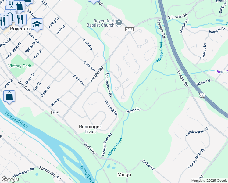 map of restaurants, bars, coffee shops, grocery stores, and more near 80 Roboda Boulevard in Royersford