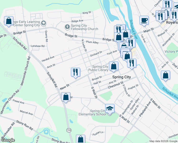 map of restaurants, bars, coffee shops, grocery stores, and more near 419 New Street in Spring City