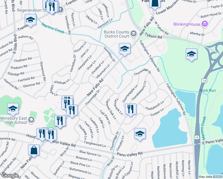 map of restaurants, bars, coffee shops, grocery stores, and more near 300 Thornridge Drive in Levittown