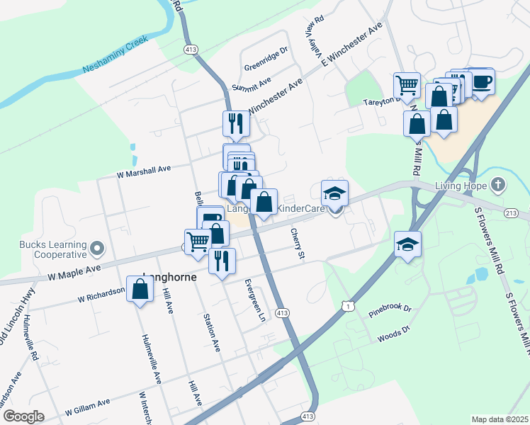 map of restaurants, bars, coffee shops, grocery stores, and more near 118 National Avenue in Langhorne