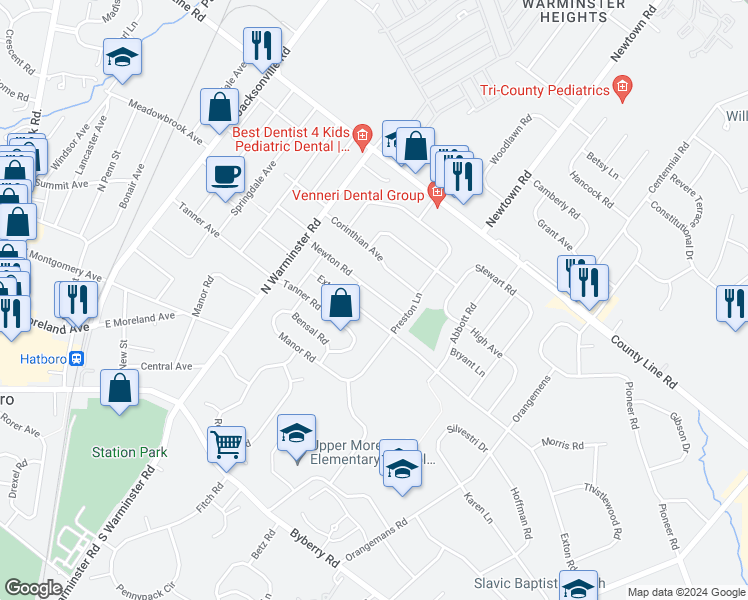 map of restaurants, bars, coffee shops, grocery stores, and more near 432 Newton Road in Hatboro