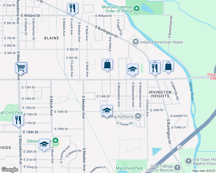 map of restaurants, bars, coffee shops, grocery stores, and more near 1915 South May Avenue in Muncie