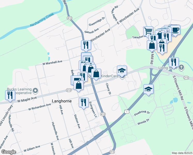 map of restaurants, bars, coffee shops, grocery stores, and more near 118 National Avenue in Langhorne