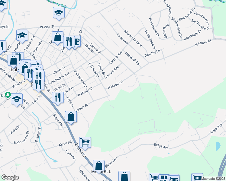 map of restaurants, bars, coffee shops, grocery stores, and more near 417 North Maple Street in Ephrata