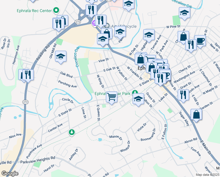map of restaurants, bars, coffee shops, grocery stores, and more near 322 Arch Street in Ephrata