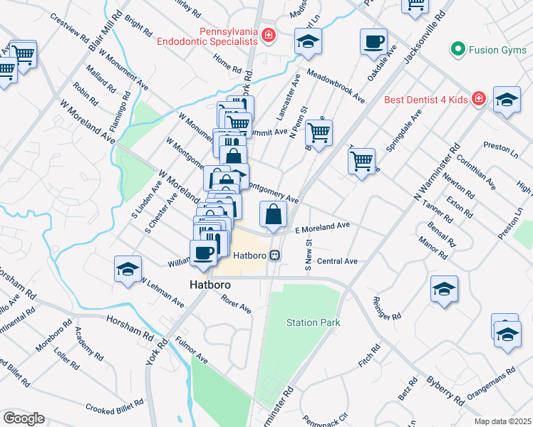 map of restaurants, bars, coffee shops, grocery stores, and more near 27 North Penn Street in Hatboro