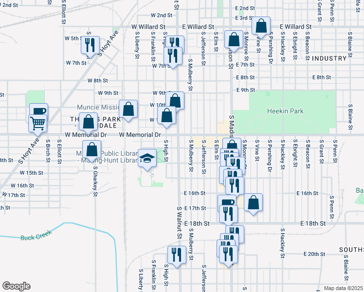 map of restaurants, bars, coffee shops, grocery stores, and more near 1924 South Walnut Street in Muncie