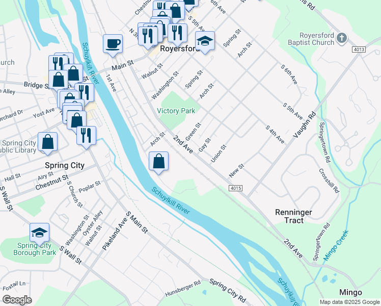 map of restaurants, bars, coffee shops, grocery stores, and more near 523 2nd Avenue in Royersford