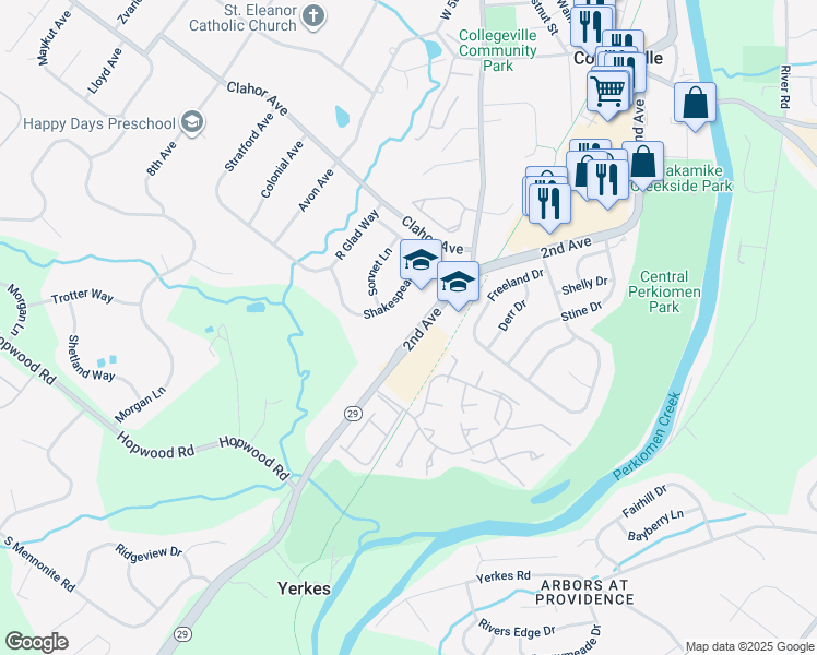 map of restaurants, bars, coffee shops, grocery stores, and more near 555 2nd Avenue in Collegeville
