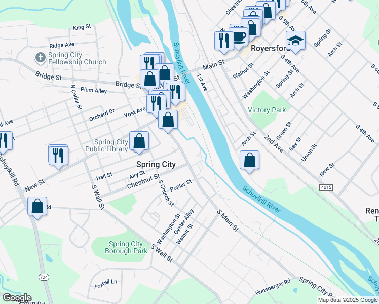 map of restaurants, bars, coffee shops, grocery stores, and more near 21 South Main Street in Spring City