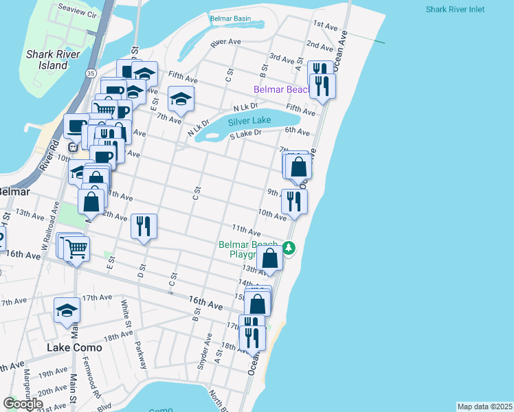 map of restaurants, bars, coffee shops, grocery stores, and more near 200 10th Avenue in Belmar
