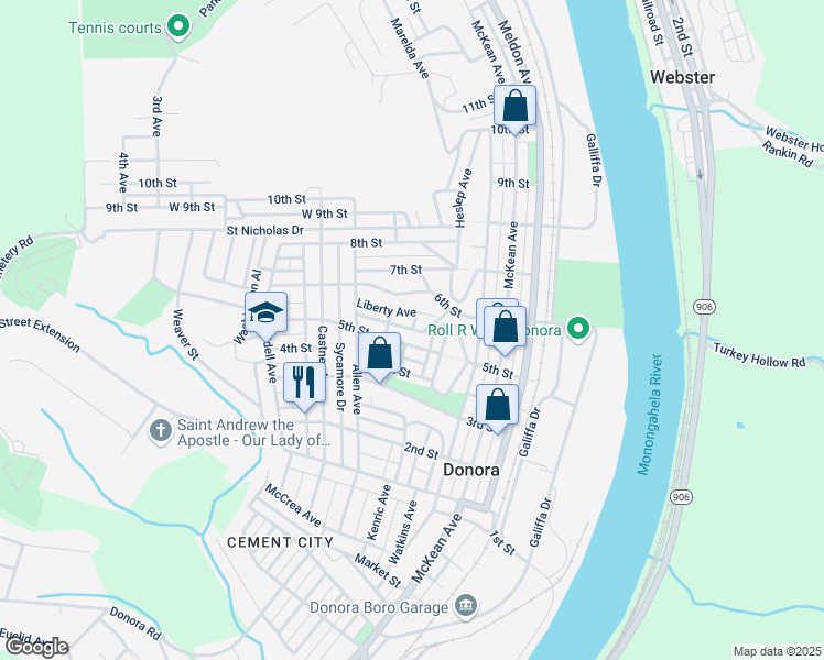 map of restaurants, bars, coffee shops, grocery stores, and more near 437 Weis Street in Donora